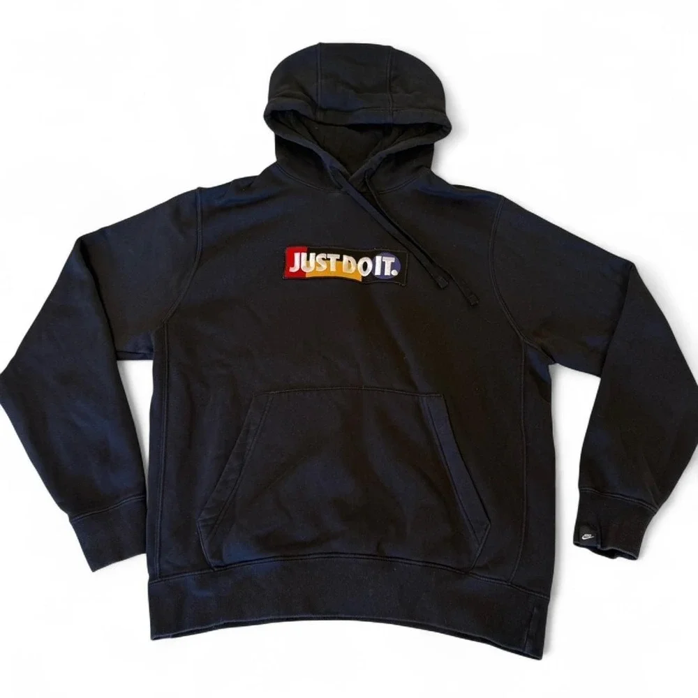 Nike‎ Just Do It Pullover Hoodie Black Multicolor Box Logo Mens Large